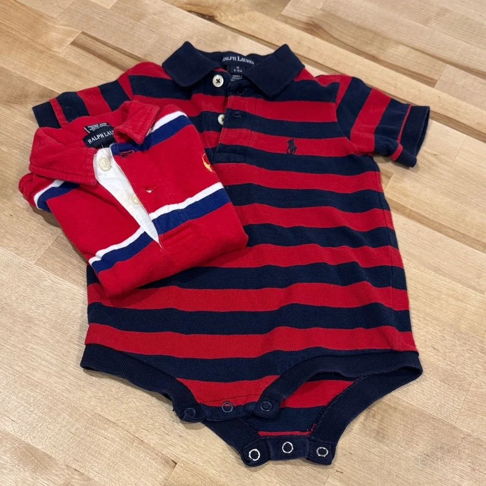 Ralph Lauren Kids Polo Shirts Red Navy Stripes Bundle of 2 Short Sleeve Cotton